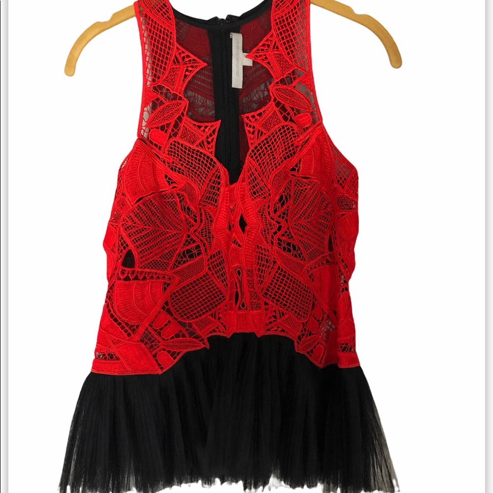 JONATHAN SIMKHAI Lace Tulle Peplum Blouse 2 Red